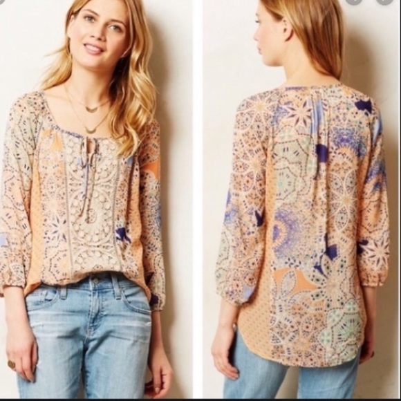 Anthro Meadow Rue Crochet Lace Sheer Geometric Print Peasant Blouse Tunic Top - Picture 1 of 8